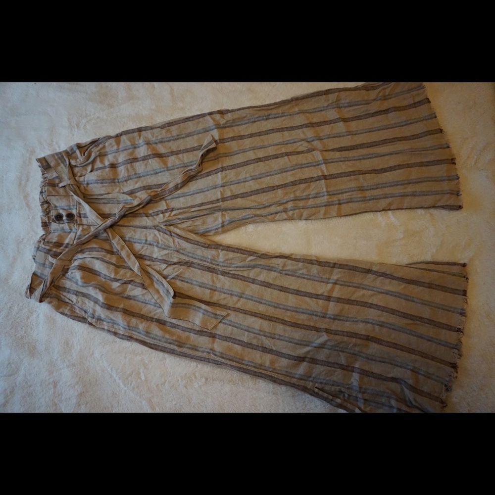 Striped High Waisted Tan Flared Capri Pants